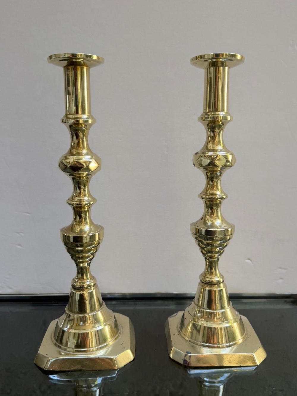 Antique Victorian Brass Candlesticks: Beehive Diamond Columns, C. 1860